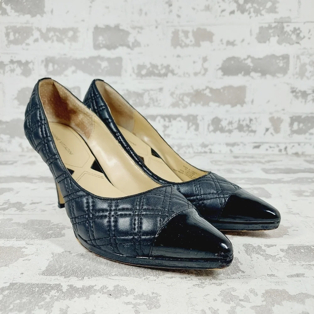 Adrienne Vittadini Jantine Black Quilted Leather Patent Cap Toe Heels E463